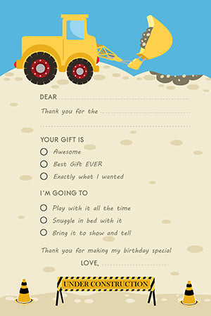Construction Truck - Birthday Party Fill In Thank You Cards