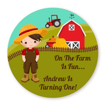 Country Boy On The Farm - Round Personalized Birthday Party Sticker Labels