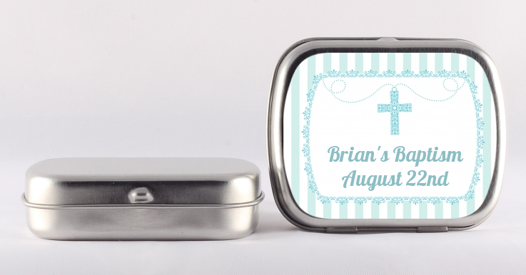 Cross Blue Necklace - Personalized Baptism / Christening Mint Tins