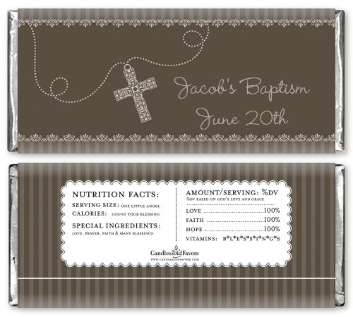 Cross Brown Necklace - Personalized Baptism / Christening Candy Bar Wrappers