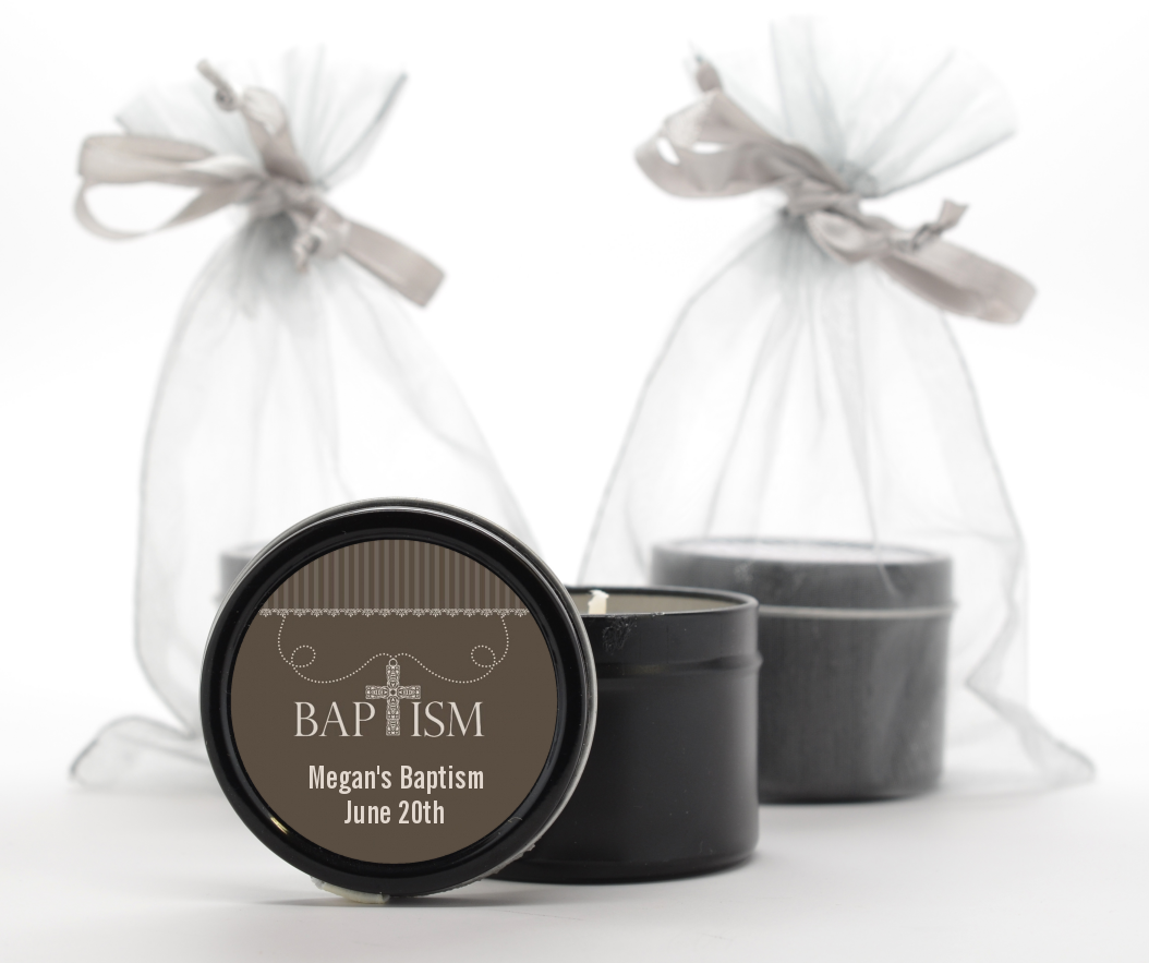 Cross Brown Necklace - Baptism / Christening Black Candle Tin Favors