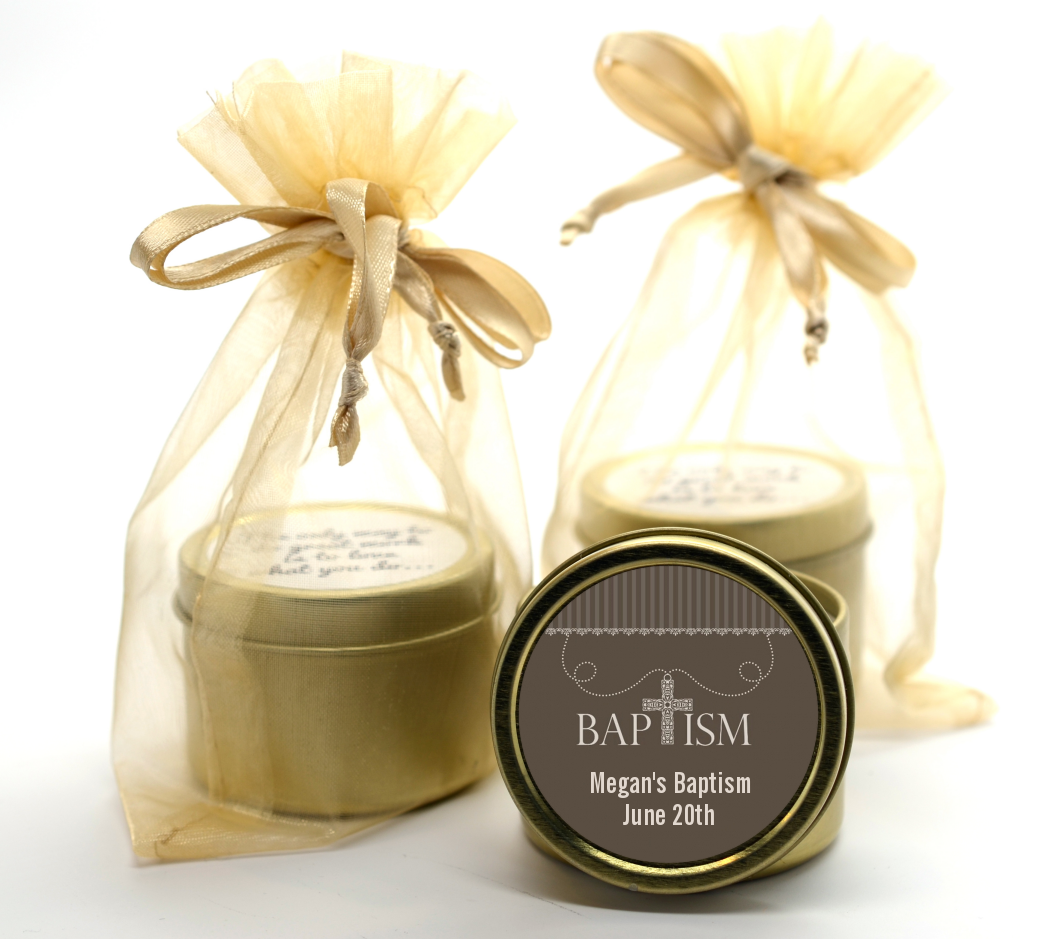 Cross Brown Necklace - Baptism / Christening Gold Tin Candle Favors