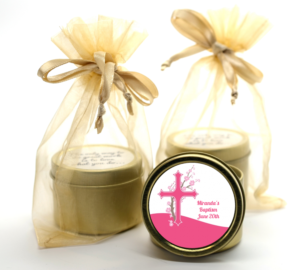 Cross Cherry Blossom - Baptism / Christening Gold Tin Candle Favors