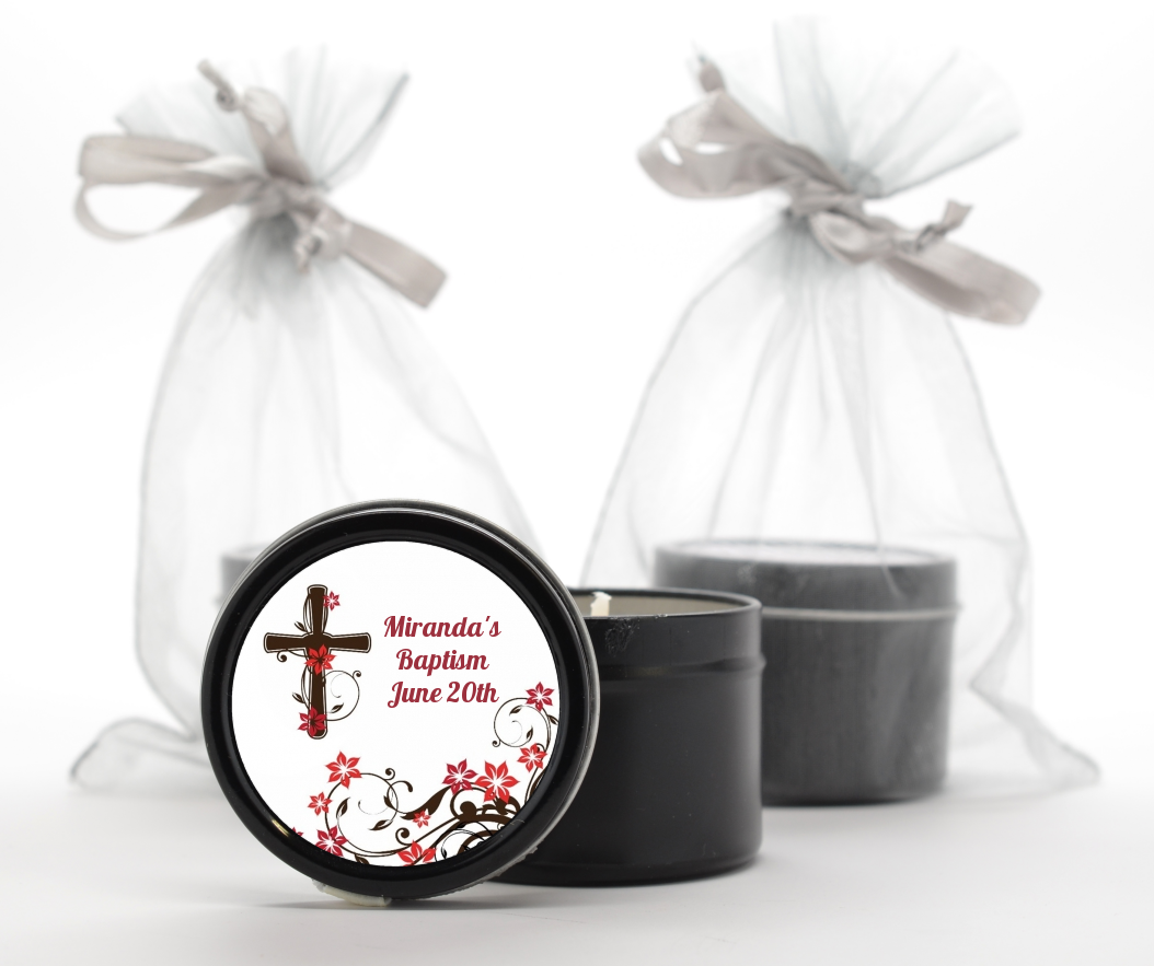 Cross Floral Blossom - Baptism / Christening Black Candle Tin Favors