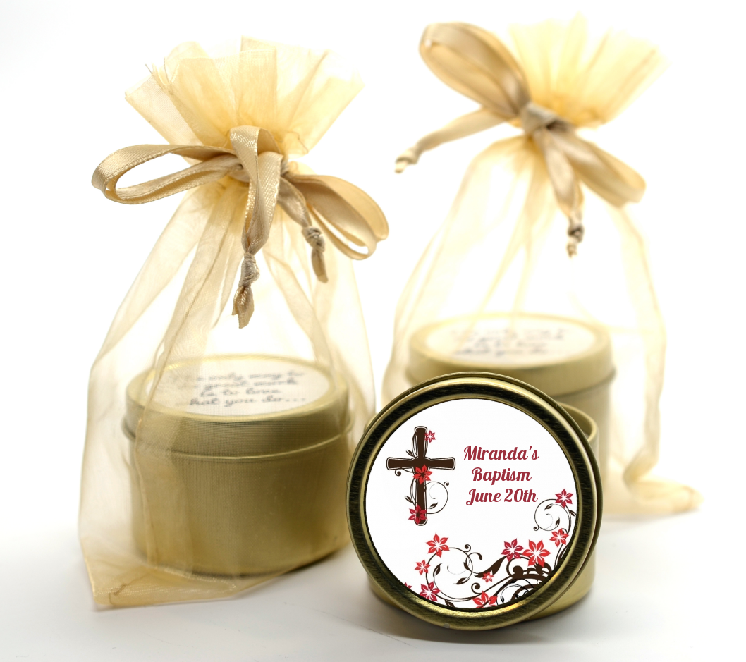 Cross Floral Blossom - Baptism / Christening Gold Tin Candle Favors