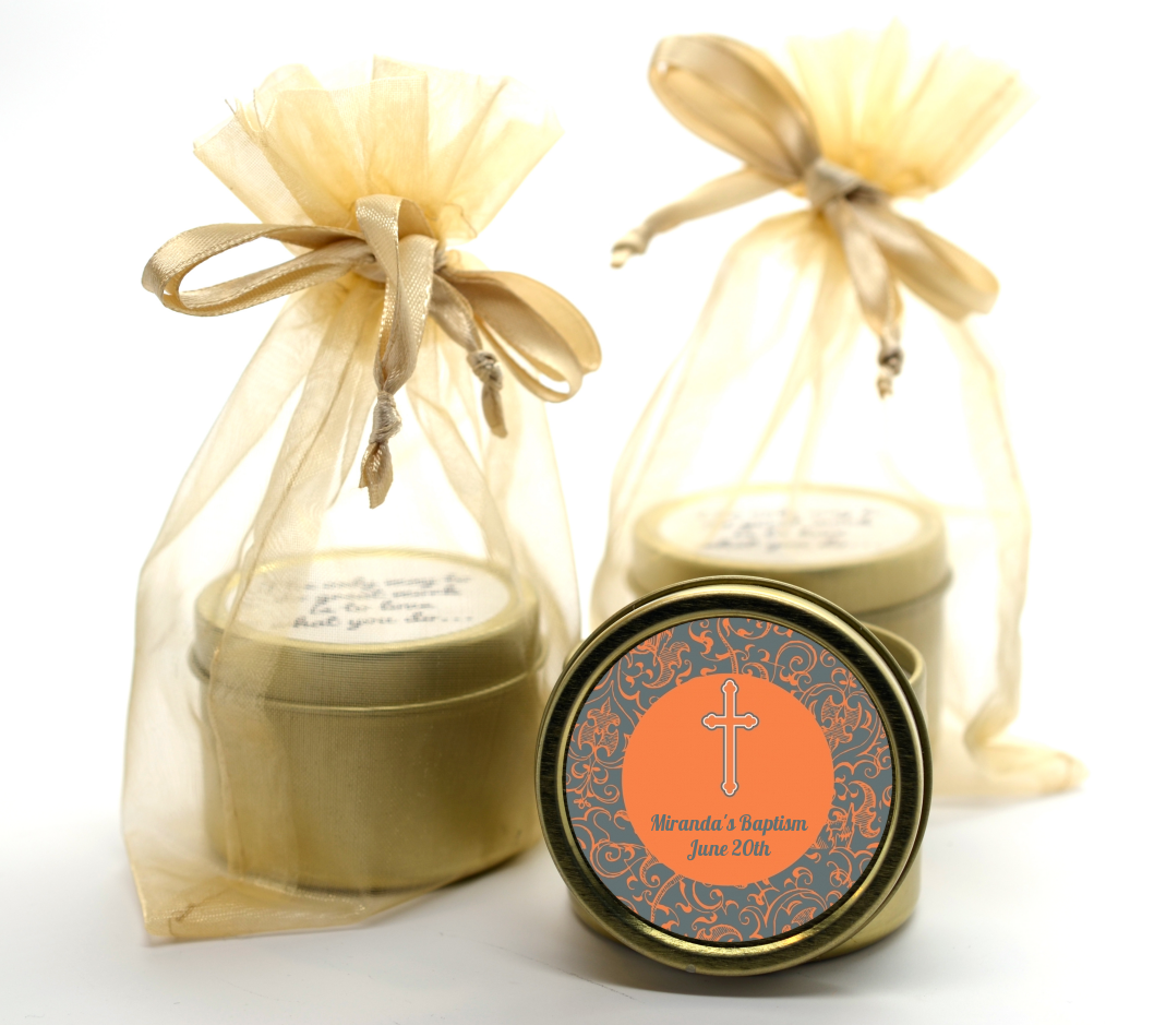 Cross Grey & Orange - Baptism / Christening Gold Tin Candle Favors