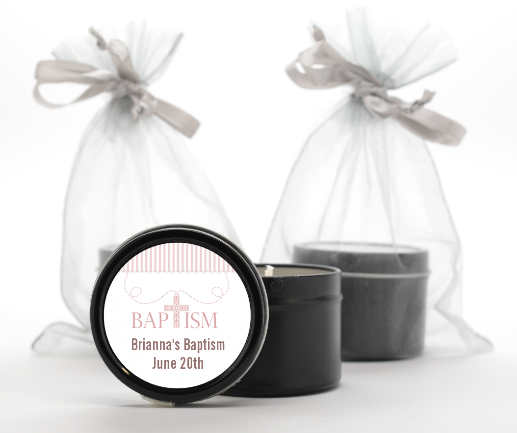 Cross Pink Necklace - Baptism / Christening Black Candle Tin Favors