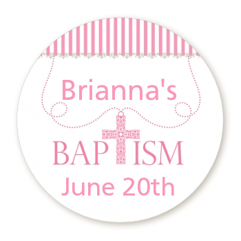 Cross Pink Necklace - Round Personalized Baptism / Christening Sticker Labels