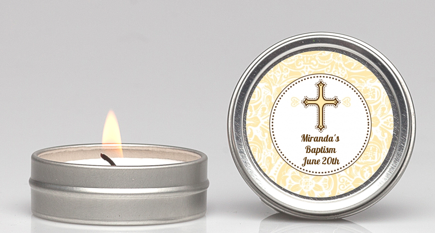 Cross Yellow & Brown - Baptism / Christening Candle Favors