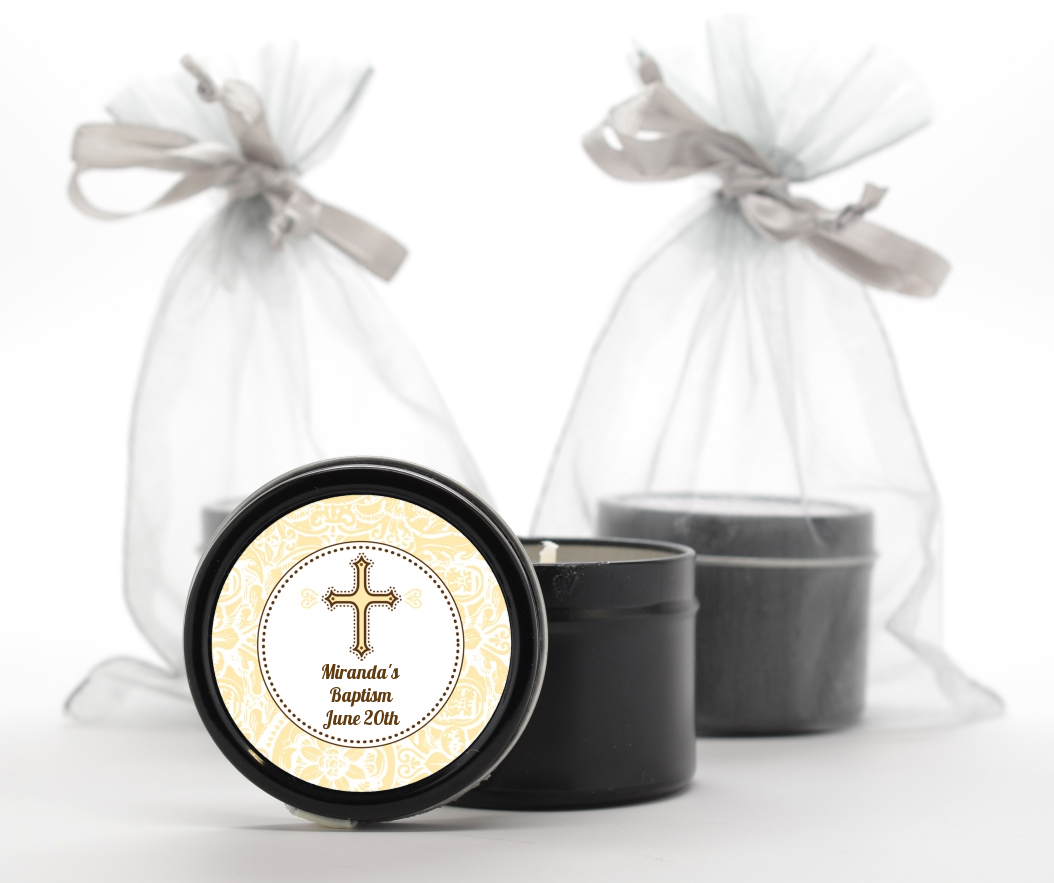 Cross Yellow & Brown - Baptism / Christening Black Candle Tin Favors