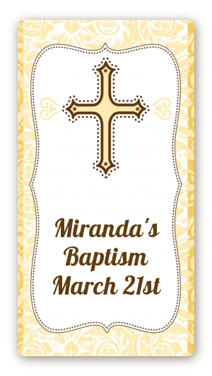 Cross Yellow & Brown - Custom Rectangle Baptism / Christening Sticker/Labels