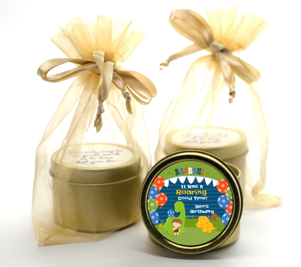 Dinosaur and Caveman - Birthday Party Gold Tin Candle Favors