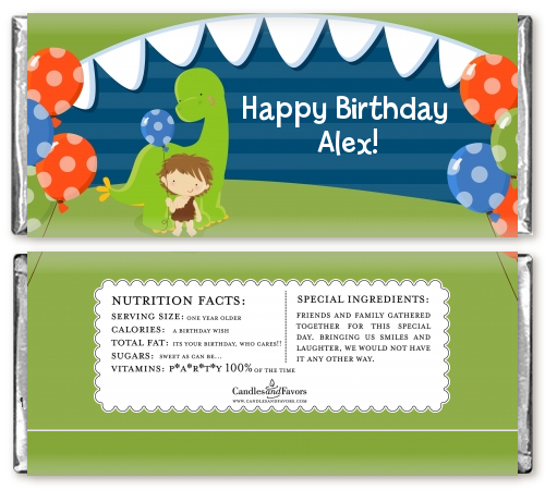 Dinosaur and Caveman - Personalized Birthday Party Candy Bar Wrappers