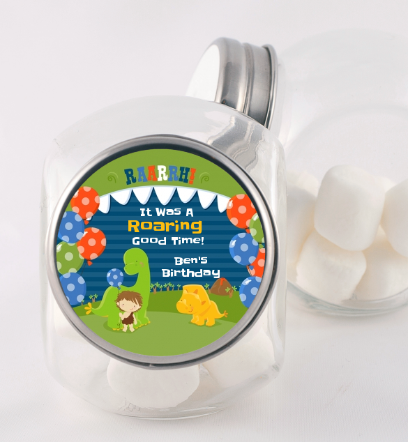 Dinosaur and Caveman - Personalized Birthday Party Candy Jar
