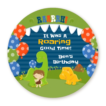 Dinosaur and Caveman - Round Personalized Birthday Party Sticker Labels
