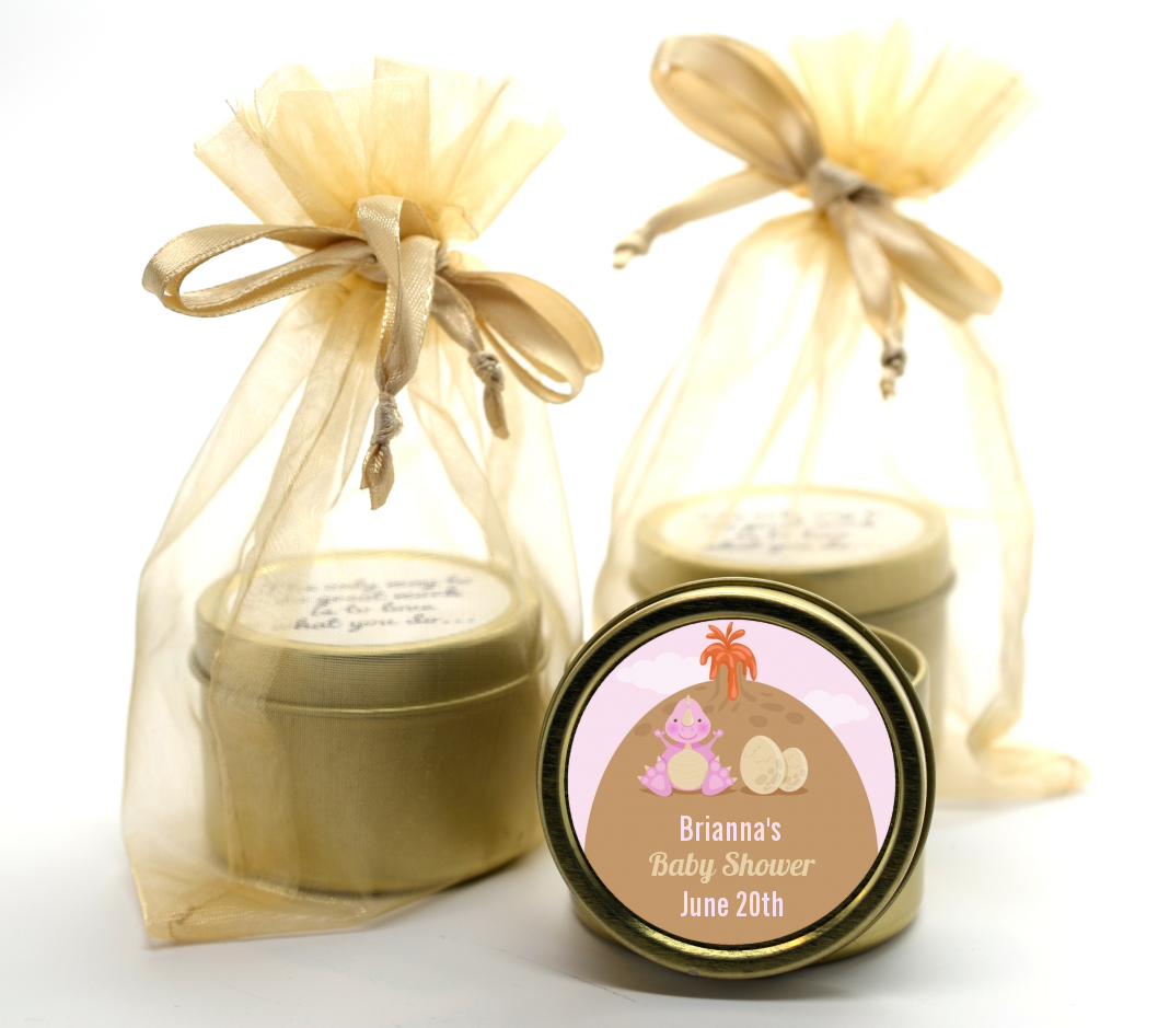 Dinosaur Baby Girl - Baby Shower Gold Tin Candle Favors