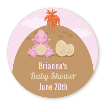 Dinosaur Baby Girl - Round Personalized Baby Shower Sticker Labels