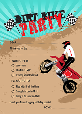 Dirt Bike - Birthday Party Fill In Thank You Cards