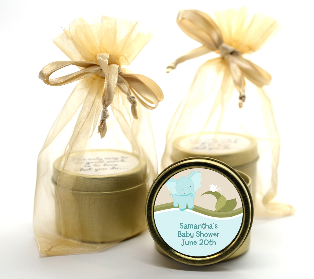 Elephant Baby Blue - Baby Shower Gold Tin Candle Favors