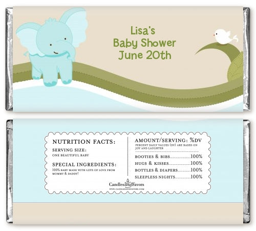 Elephant Baby Blue - Personalized Baby Shower Candy Bar Wrappers
