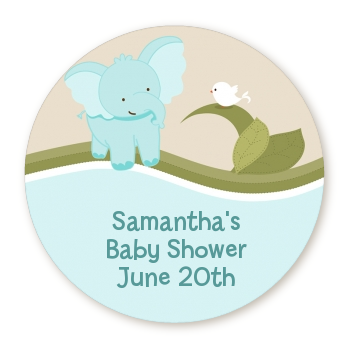 Elephant Baby Blue - Round Personalized Baby Shower Sticker Labels