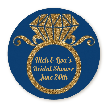 Engagement Ring Blue Gold Glitter - Round Personalized Bridal Shower Sticker Labels