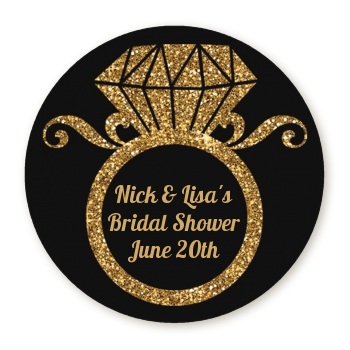 Engagement Ring Black Gold Glitter - Round Personalized Bridal Shower Sticker Labels