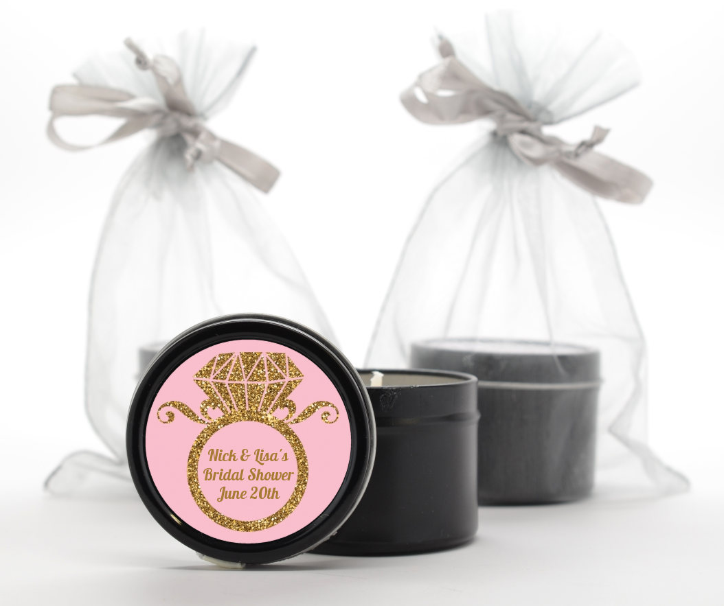 Engagement Ring Pink Gold Glitter - Bridal Shower Black Candle Tin Favors