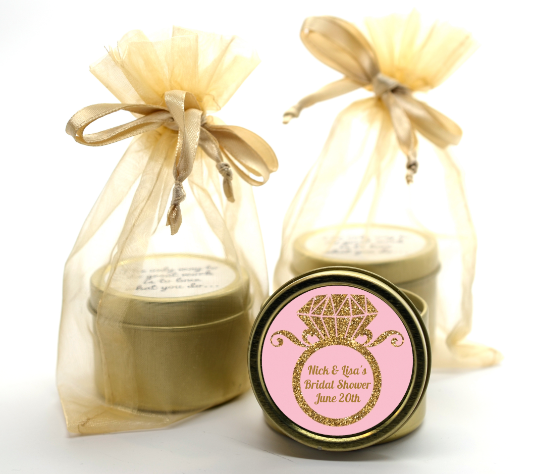 Engagement Ring Pink Gold Glitter - Bridal Shower Gold Tin Candle Favors