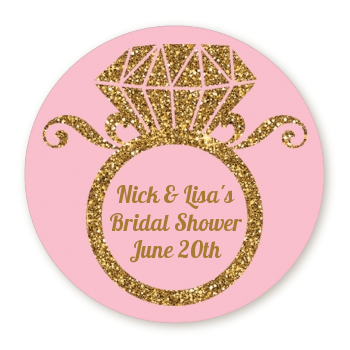 Engagement Ring Pink Gold Glitter - Round Personalized Bridal Shower Sticker Labels