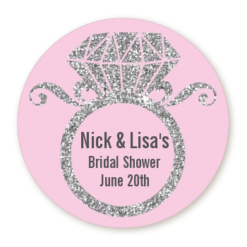 Engagement Ring Silver Glitter - Round Personalized Bridal Shower Sticker Labels
