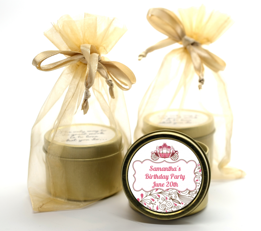 Fairy Tale Princess Carriage - Birthday Party Gold Tin Candle Favors