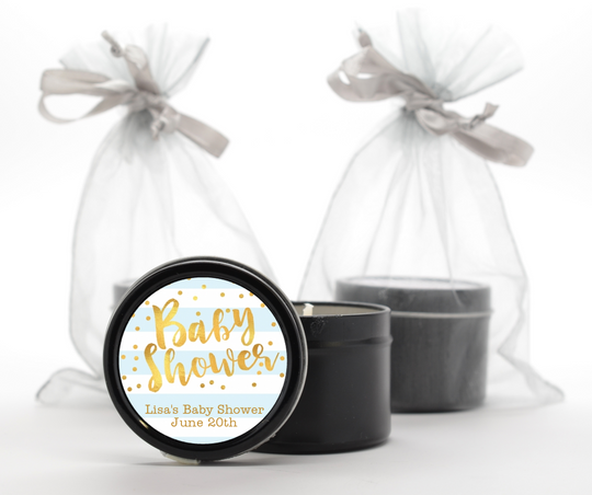 Faux Gold and Blue Stripes - Baby Shower Black Candle Tin Favors