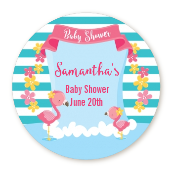 Flamingo - Round Personalized Baby Shower Sticker Labels