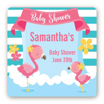 Flamingo - Square Personalized Baby Shower Sticker Labels