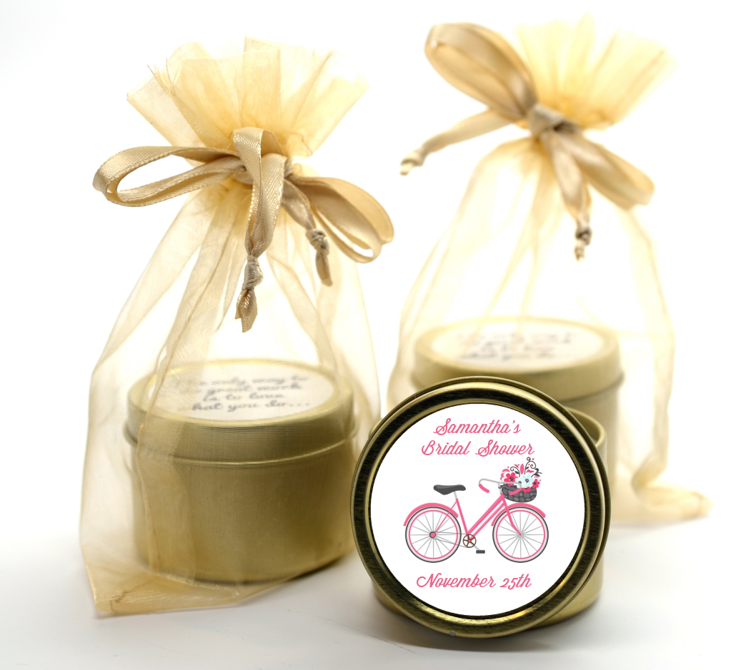 Floral Bicycle - Bridal Shower Gold Tin Candle Favors