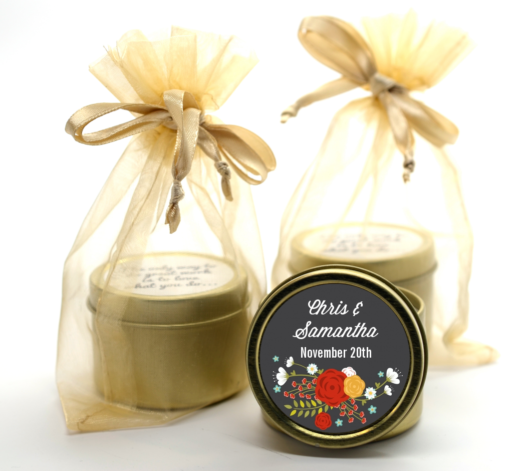 Floral Motif - Bridal Shower Gold Tin Candle Favors