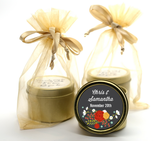 Floral Motif - Bridal Shower Gold Tin Candle Favors