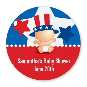 Fourth Of July Little Firecracker - Round Personalized Baby Shower Sticker Labels