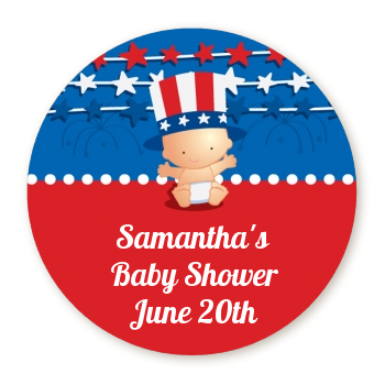 Fourth Of July Stars & Stripes - Round Personalized Baby Shower Sticker Labels
