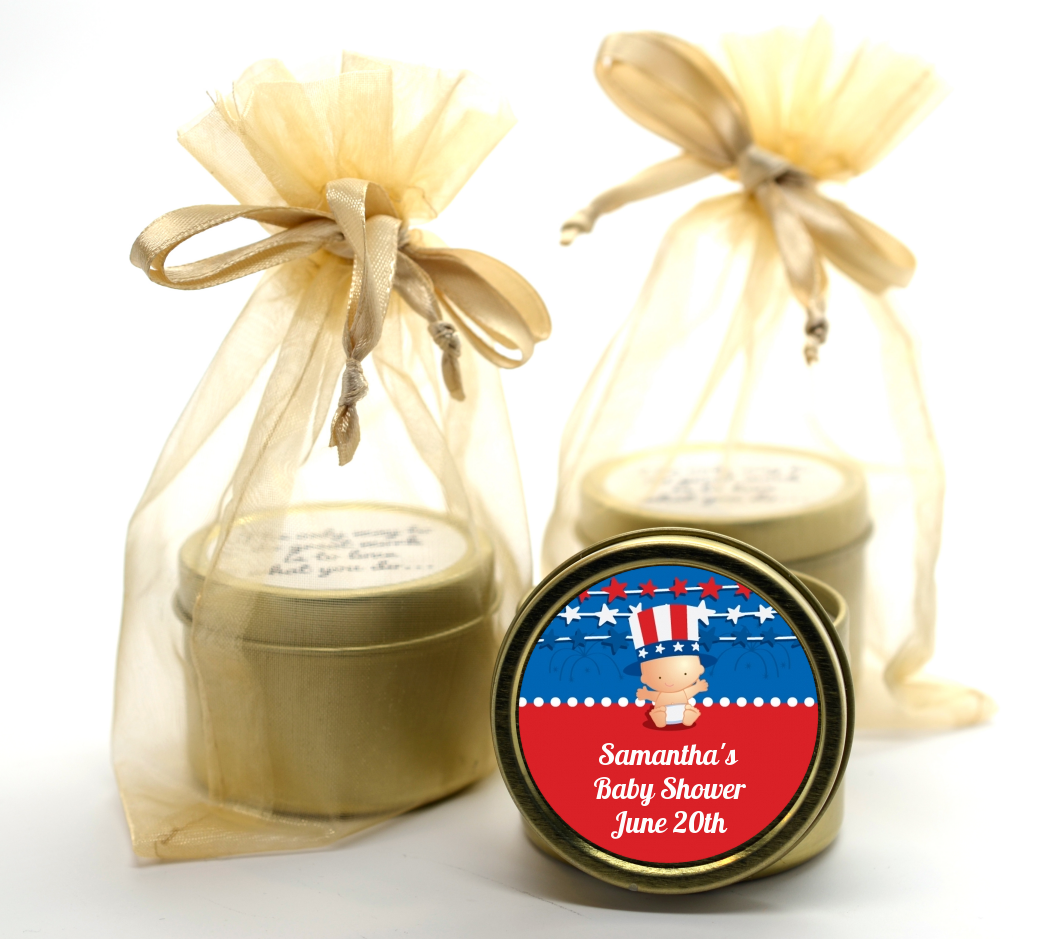 Fourth Of July Stars & Stripes - Baby Shower Gold Tin Candle Favors