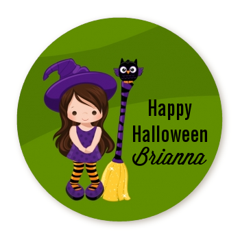 Friendly Witch Girl - Round Personalized Halloween Sticker Labels