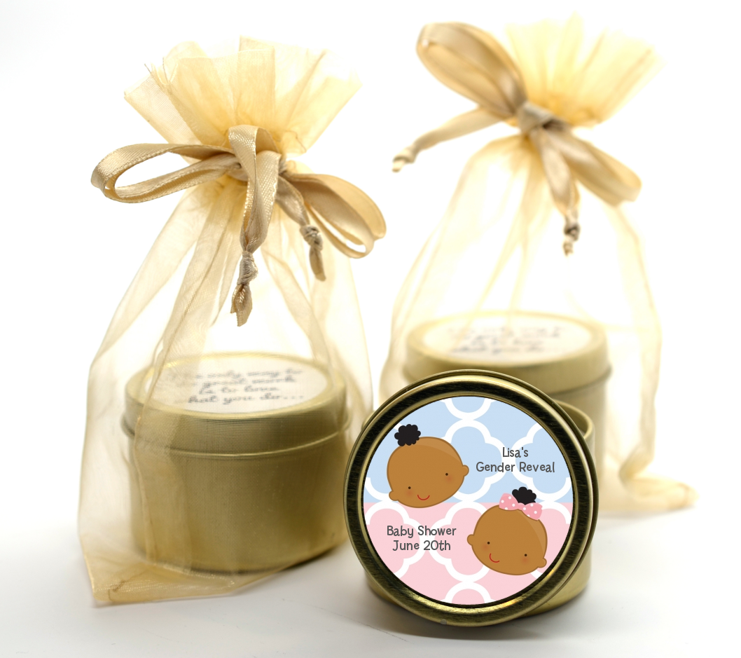 Gender Reveal African American - Baby Shower Gold Tin Candle Favors