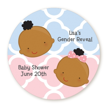 Gender Reveal African American - Round Personalized Baby Shower Sticker Labels