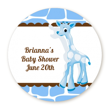 Giraffe Blue - Round Personalized Baby Shower Sticker Labels