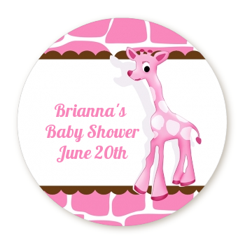 Giraffe Pink - Round Personalized Baby Shower Sticker Labels