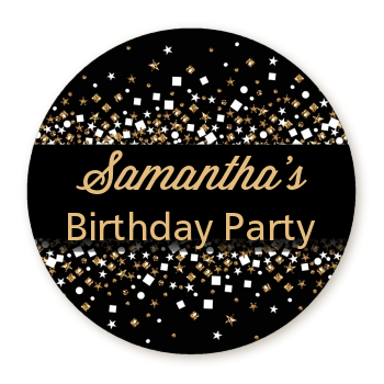 Gold Glitter and Black - Round Personalized Birthday Party Sticker Labels