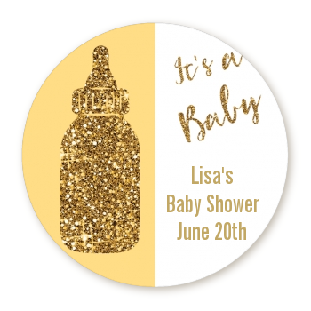 Gold Glitter Baby Bottle - Round Personalized Baby Shower Sticker Labels