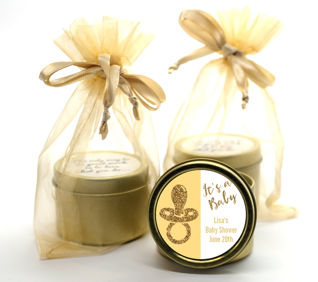 Gold Glitter Baby Pacifier - Baby Shower Gold Tin Candle Favors