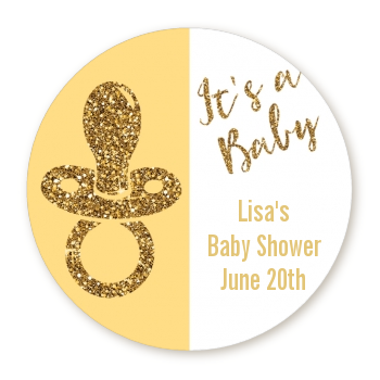 Gold Glitter Baby Pacifier - Round Personalized Baby Shower Sticker Labels